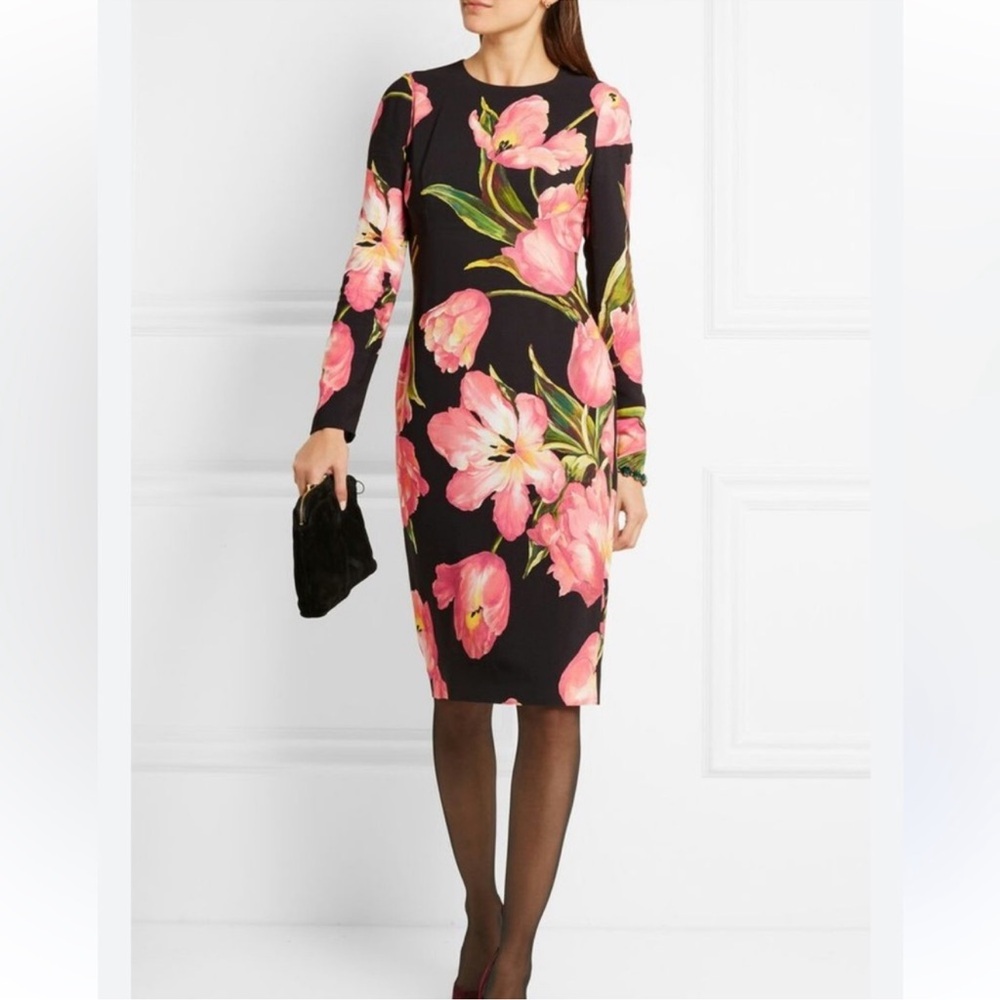 Dolce & Gabbana Black Dress with Pink Floral Print - Long Sleeve